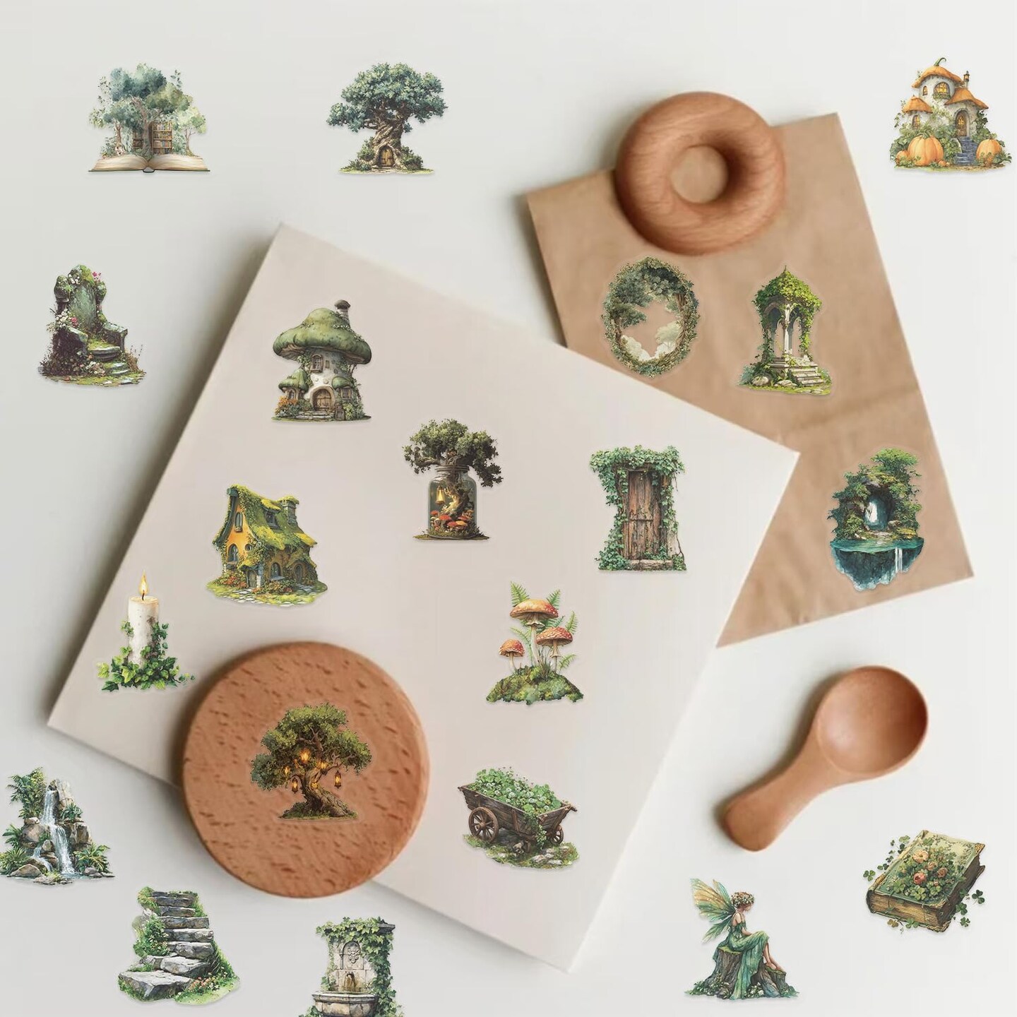 50PCS Forest Transparent PET Stickers – Waterproof Woodland Nature Stickers for Scrapbooking, Bullet Journal, Planners, Water Bottles & Laptop Decor