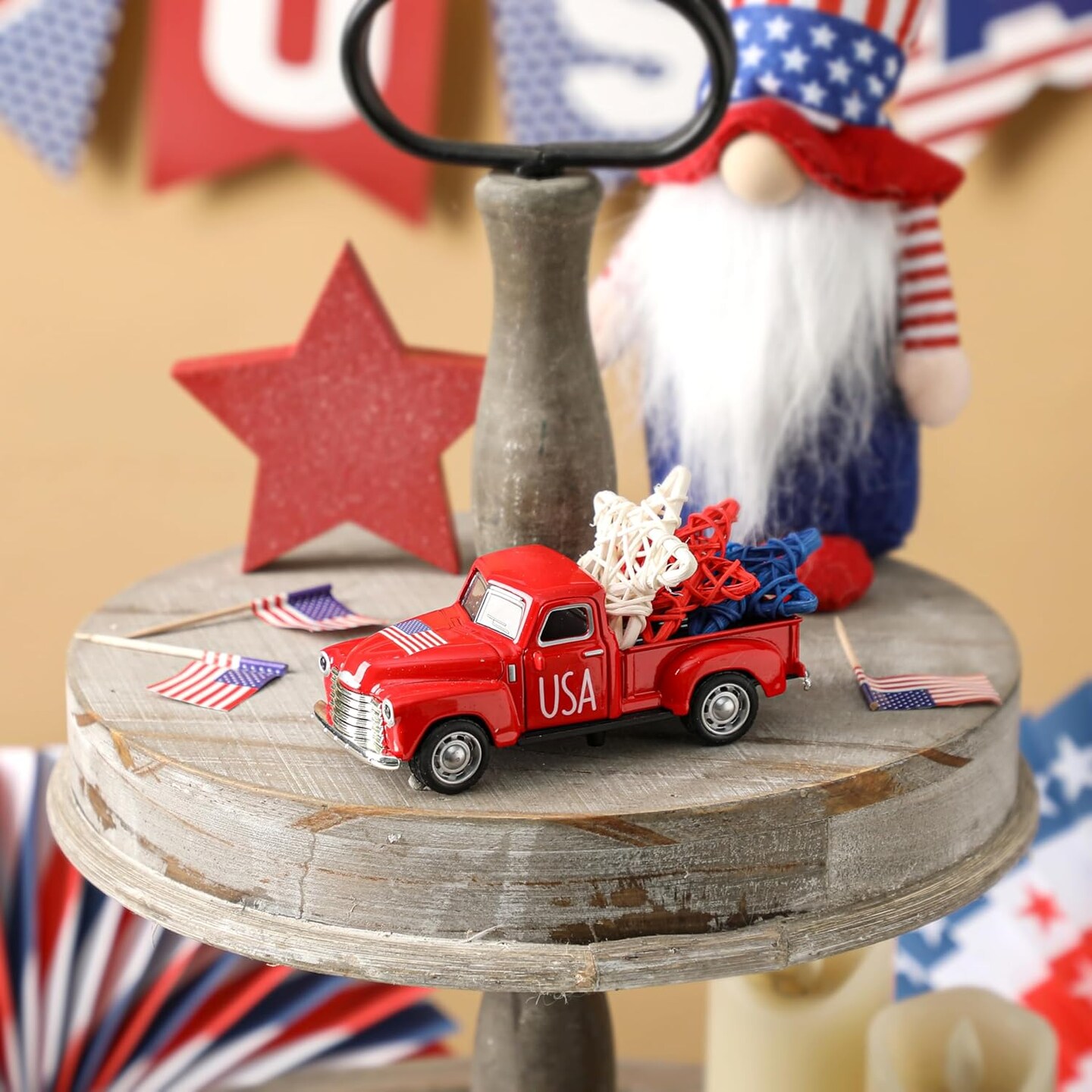 4th of July Farmhouse Metal Truck Décor – Patriotic Red, White & Blue Car Decorations for Tables, Tiered Trays, Centerpieces, Independence Day & Memorial Day