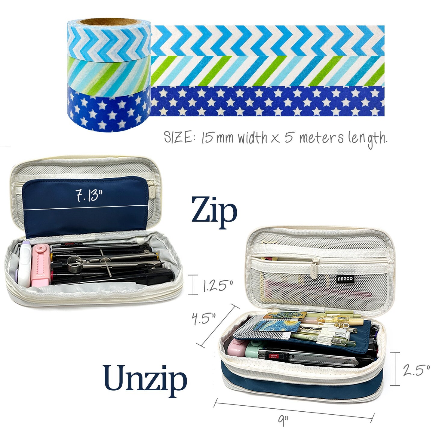 Wrapables Large Capacity Pencil Case, Expandable Pencil Pouch with 3 Washi Rolls, Navy
