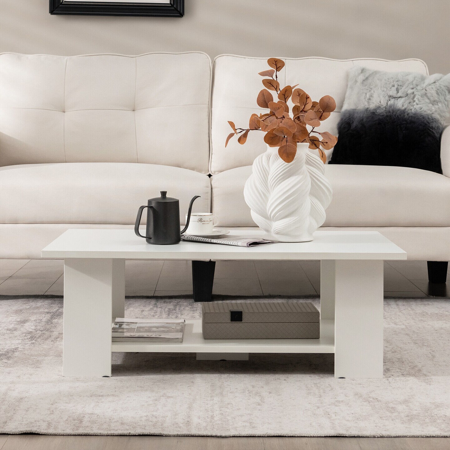 White Engineered Wood Coffee Table with Two-Tier Storage Shelf