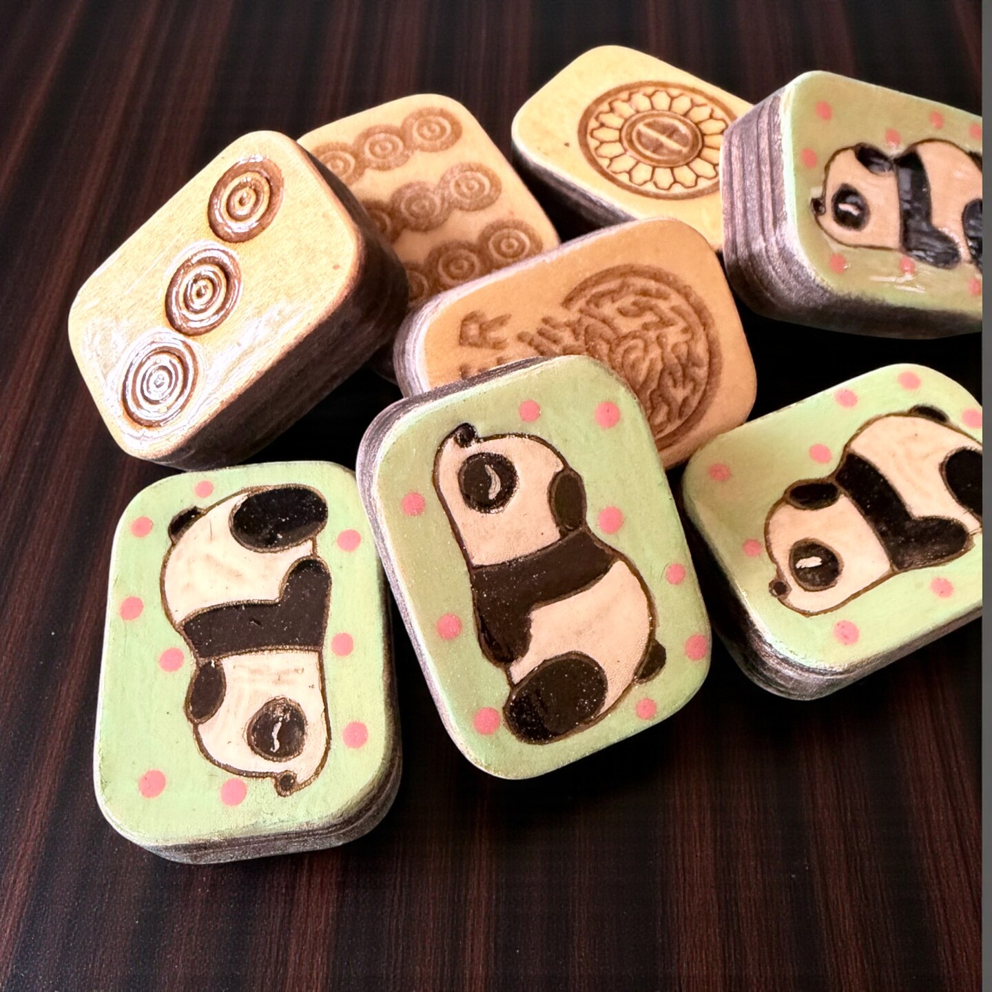 Lazy Panda - Handcrafted Hand-painted Wood Mahjong Tiles