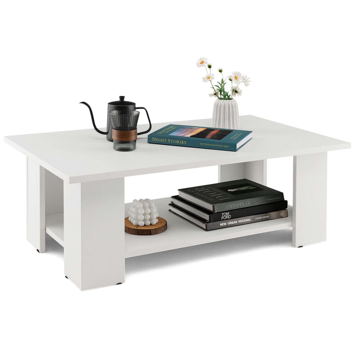 White Engineered Wood Coffee Table with Two-Tier Storage Shelf