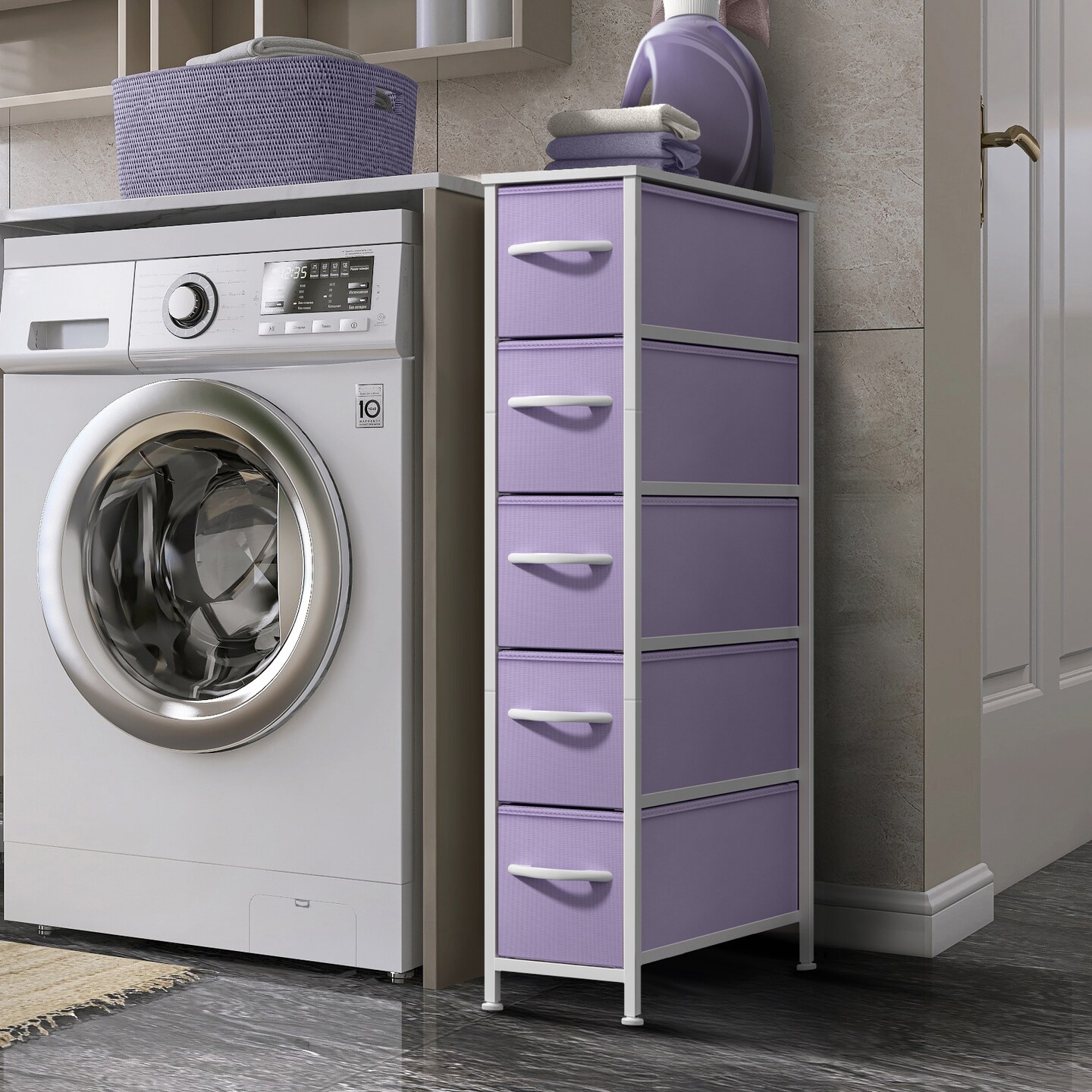 Sorbus Narrow Dresser with 5 Drawers - Steel Frame, Wood Top & Easy Pull Fabric Bins