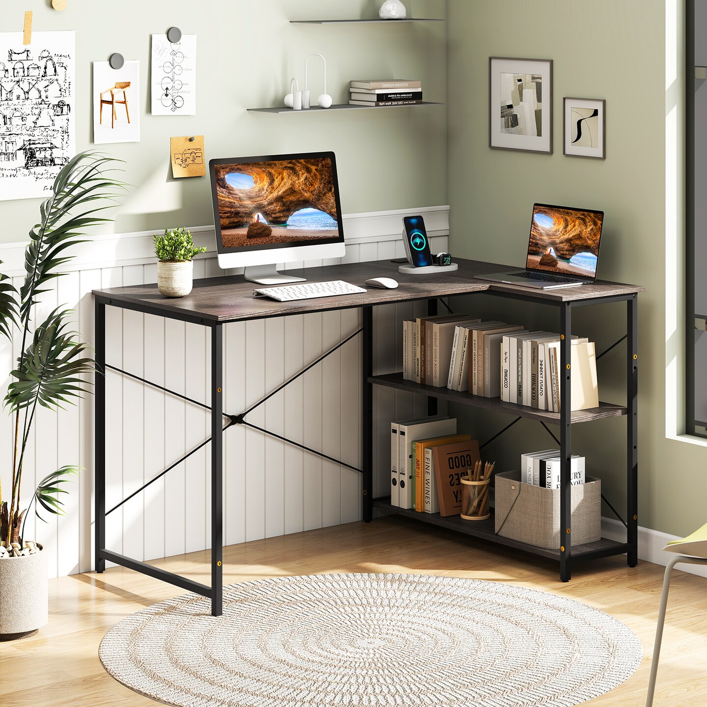 Grey Steel Wood L-Shaped Computer Desk with Reversible Storage Shelf