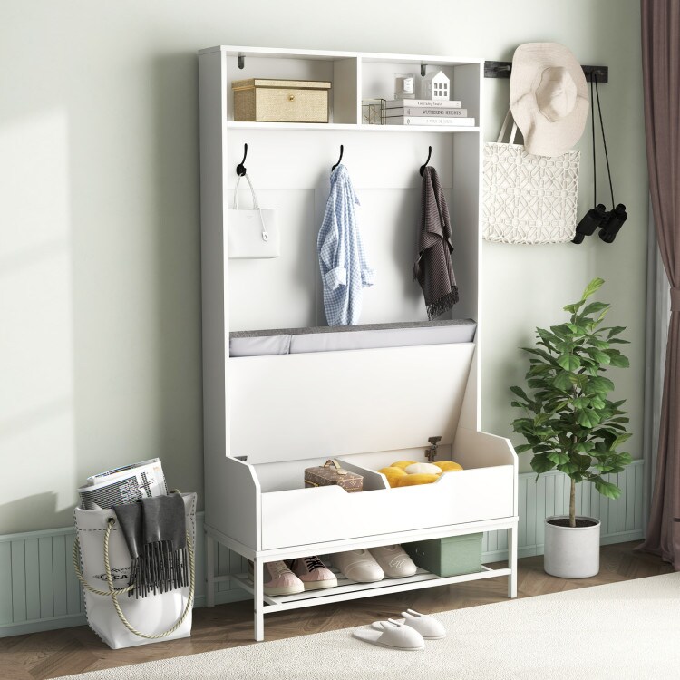4-in-1 Hall Tree with Cushioned Shoe Bench, Coat Hooks, Hidden Storage, White