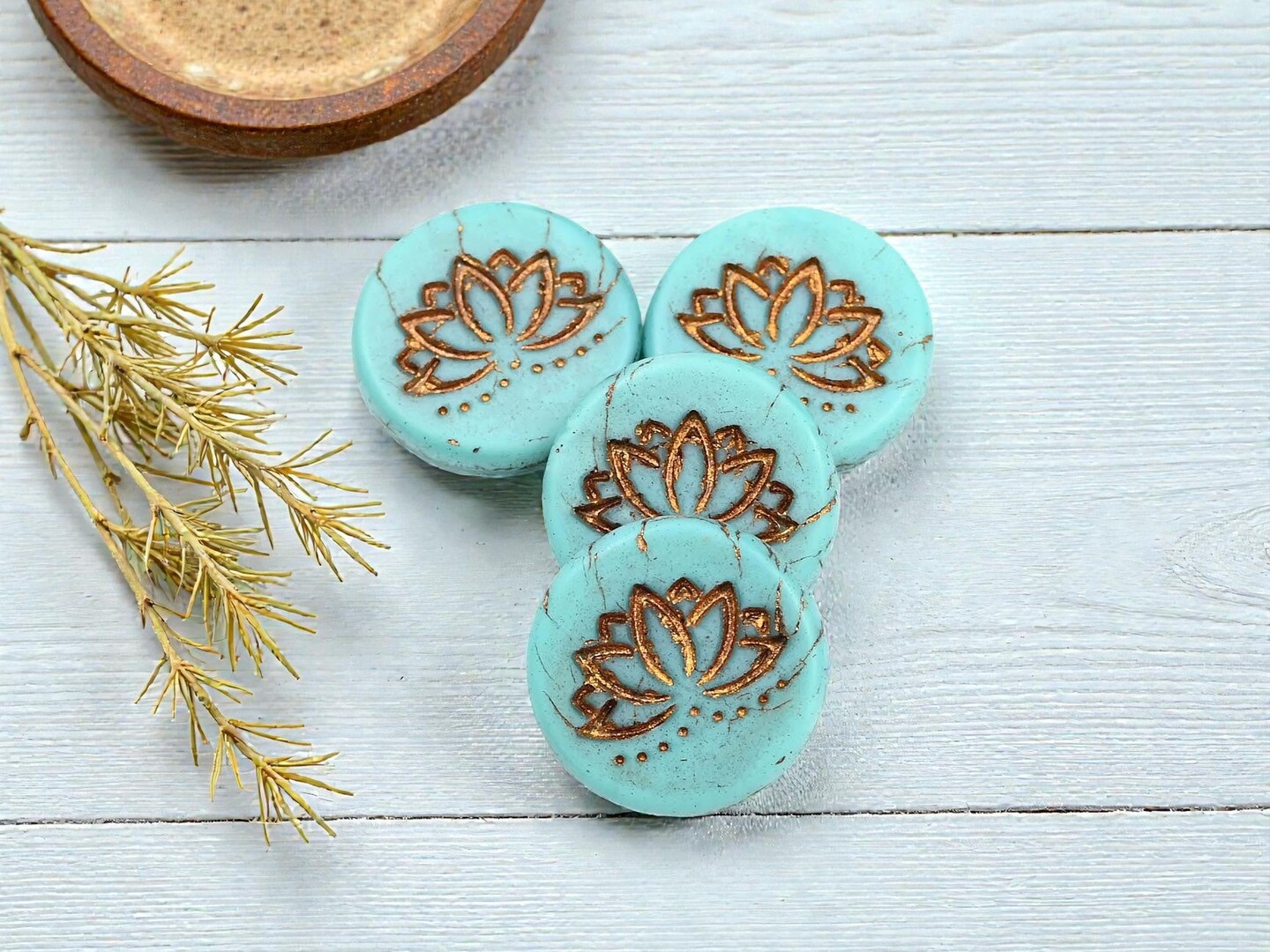 *4* 18mm Bronze Washed Matte Turquoise Lotus Flower Coin Beads