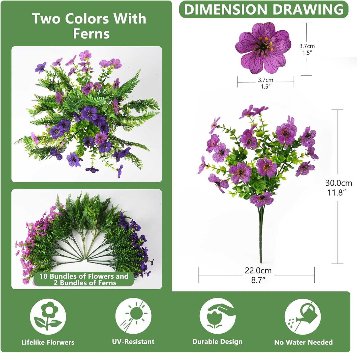 Artificial Flowers for Outdoors, 12 Bundles Multicolor Silk Fake Flower with Ferns for Spring Summer Decoration, UV Resistant No Fade Artificial Outdoor Plants for Home Planter Porch Patio Yard Decor