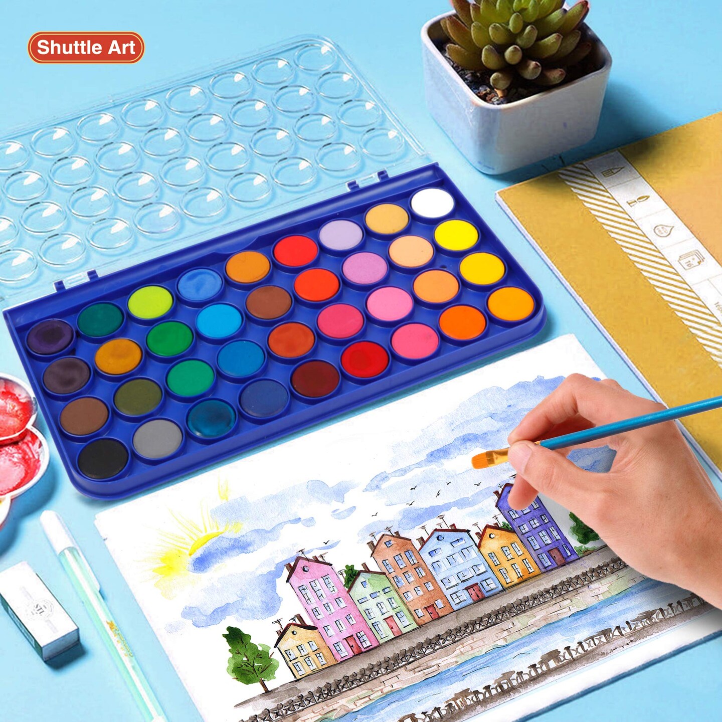 Shuttle Art 43 Pack Watercolor Paint Set, 36 Colors Watercolor Paint Pan Set with 6 Brushes and 1 Watercolor Pad for Beginners, Artists, Kids & Adults Watercolor Painting, Bullet Journal, Calligraphy