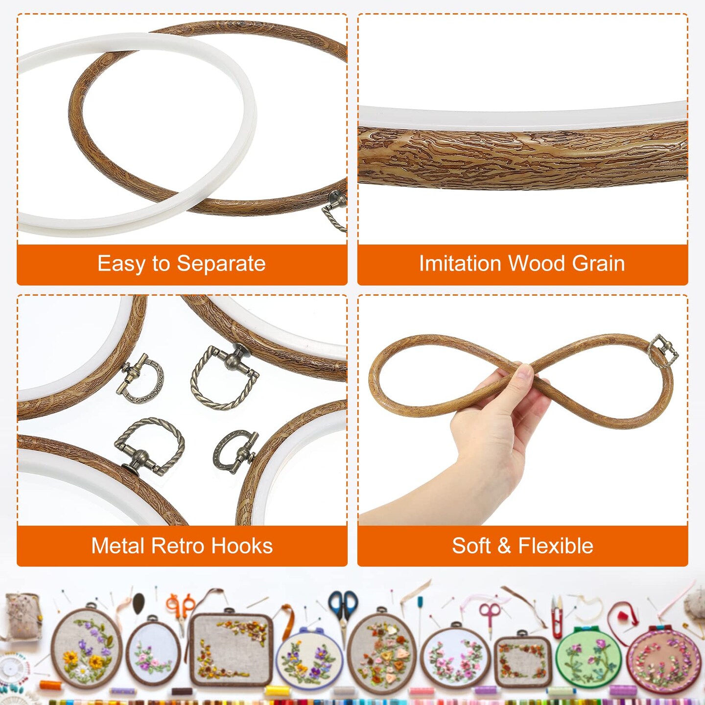 5 Pieces 8 Inch Embroidery Hoops Frame Round Imitated Wood Circle Cross Stitch Hoop Ring for Embroidery Art Craft Handy Sewing Decoration