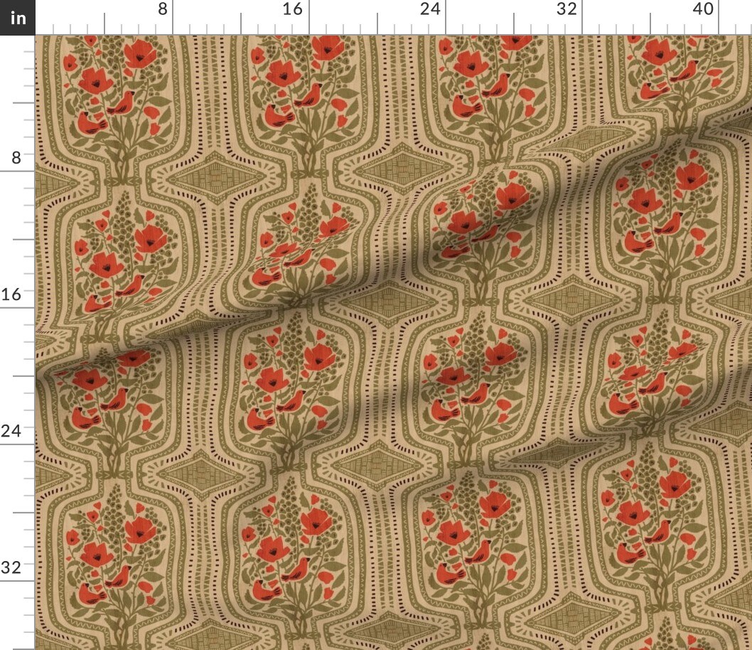 Various Fabrics by the Yard or Fat Quarter Retro Boho Floral Maximalist Large Scale Red Poppies Scarlet Tanager Songbird Warm Bohemian Eclectic Olive Green Custom Printed Fabric by Spoonflower