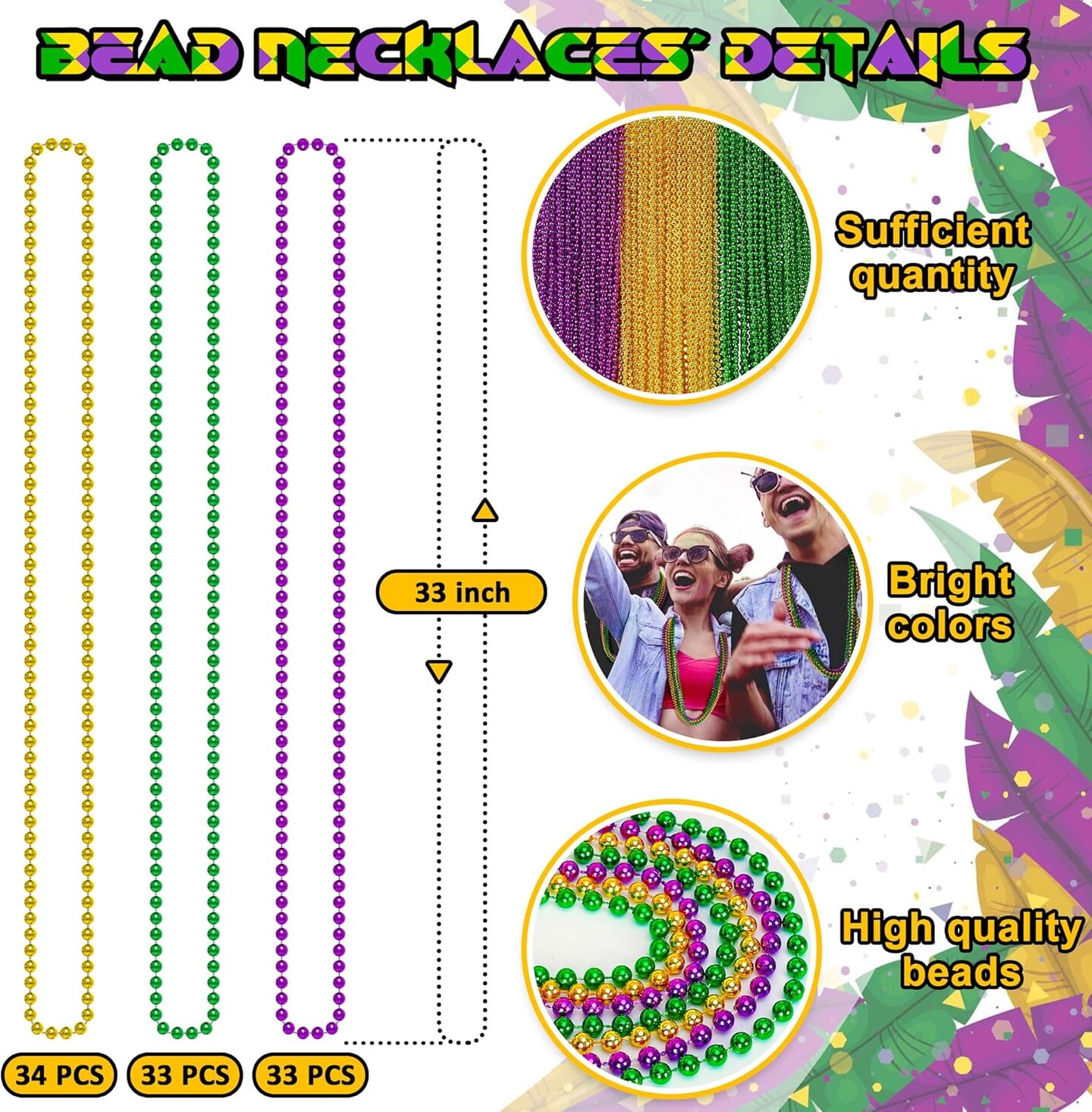 100PCS Mardi Gras Beads, Green Purple Gold Metallic Mardi Gras Beads Necklaces Accessories Bulk, Mardi Gras Carnival Beads Necklace Accessories for Parade Throws Party Decorations Supplies Favors
