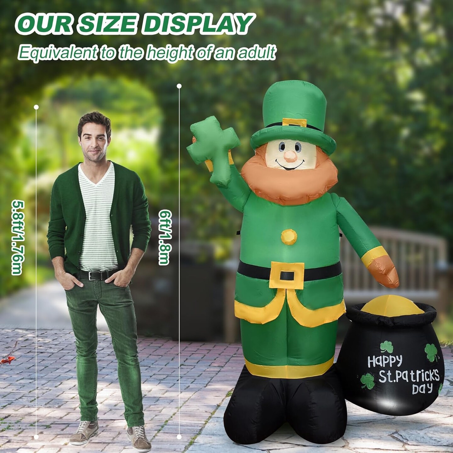 6FT Inflatable St. Patrick's Day Leprechaun with Shamrock & Pot of Gold – LED Yard Decoration