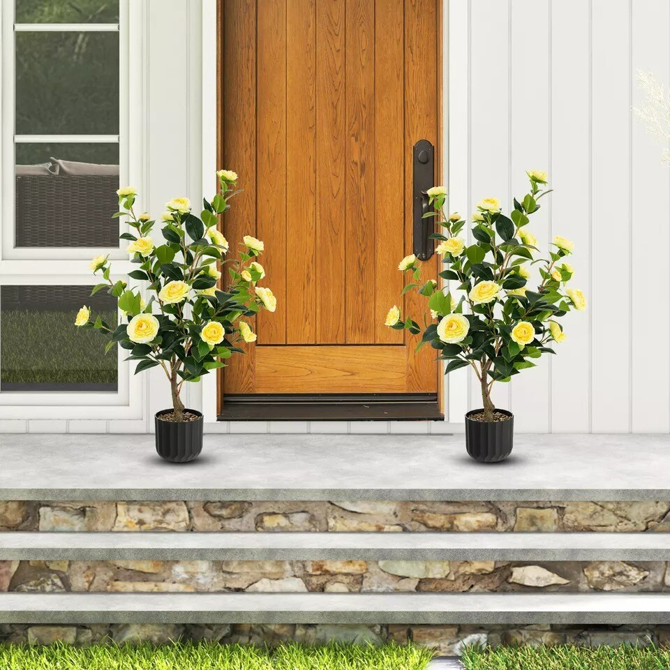 38" Faux Camellia Tree Artificial Floral Plant Fake Tree for Decoration Yellow