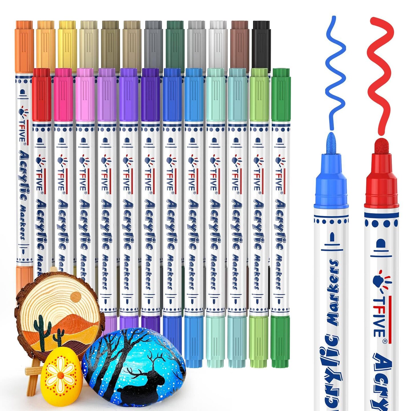 Acrylic Paint Markers, 24 Vibrant Colors Acrylic Markers Pens, No Bleeding, Work on Anything for Rock Painting Canvas Wood Ceramic Glass Crafts Art Supplies, Easy for All Ages, Dual Tip Medium + Fine