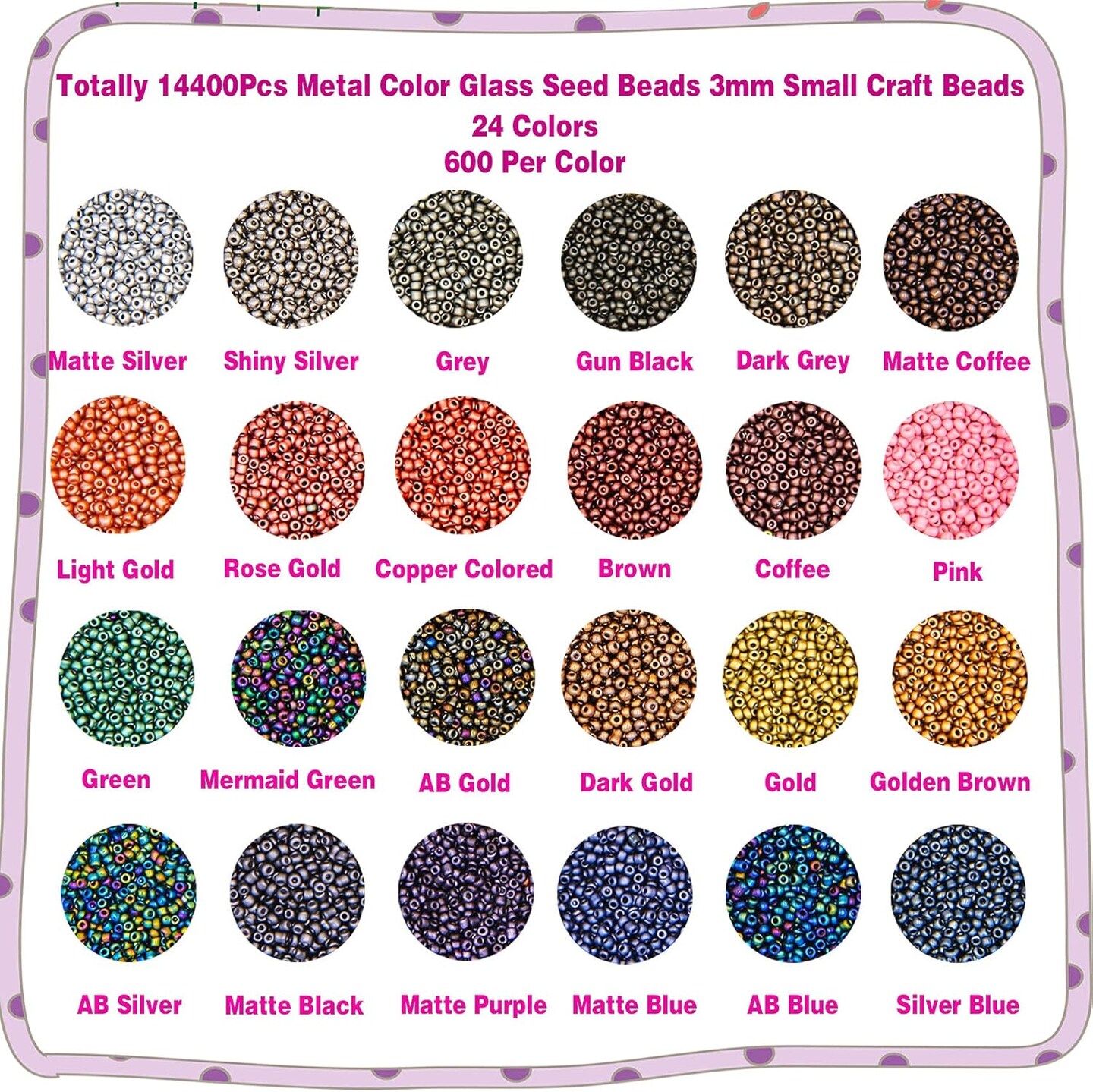 8/0 Glass Seed Beads Kit, 3mm Metal Color Waist Beads, 24Colors Small Pony Beads with String for Bracelet