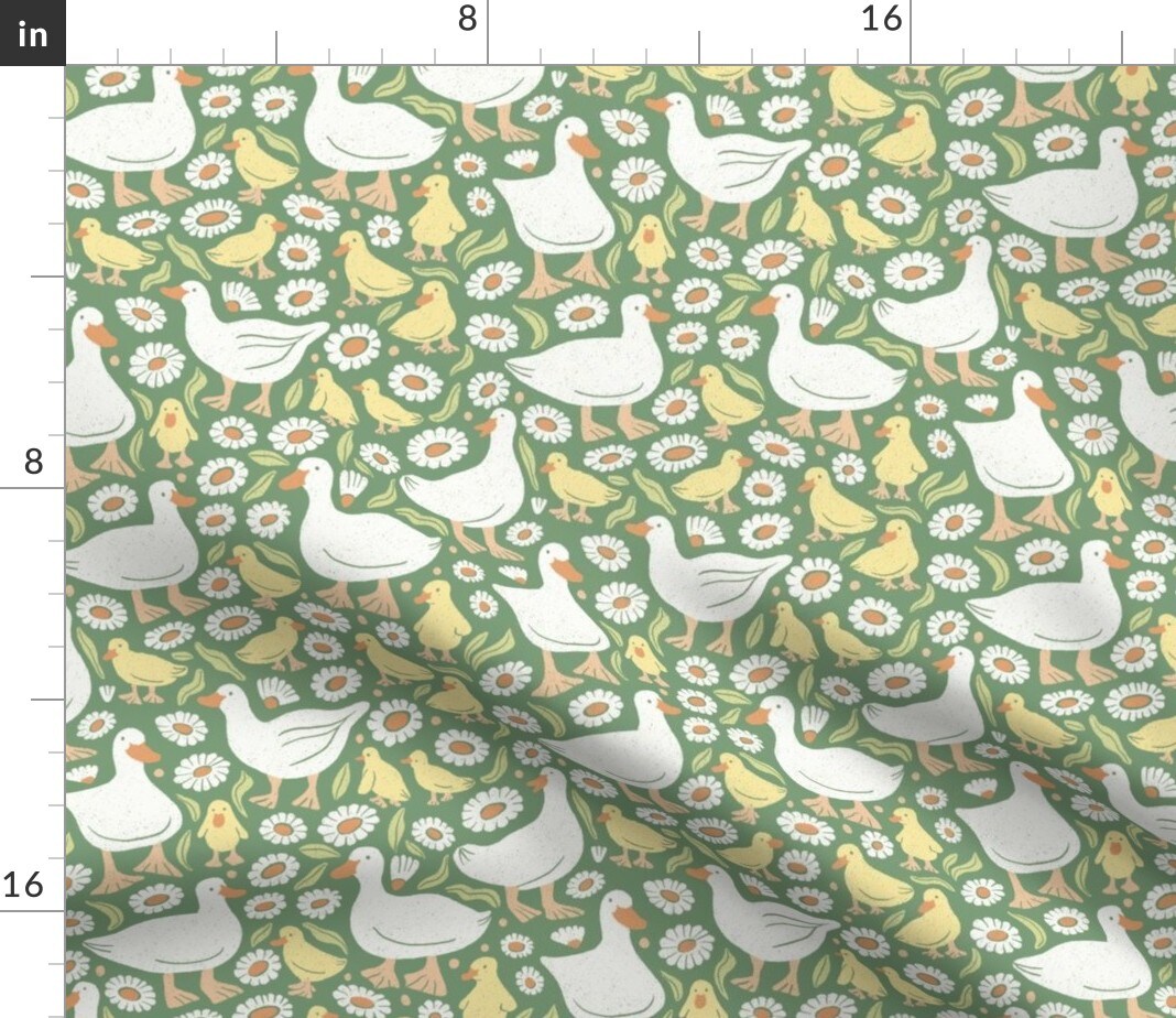 Cottage Duck Cottage Floral Whimsical Duckling Fun Cute Happy Cheerful Bright Pastel Dark Sage Green Blush Pink White Boho Baby Custom Printed Fabric by Spoonflower Various Fabrics by the Yard or Fat Quarter 18008281