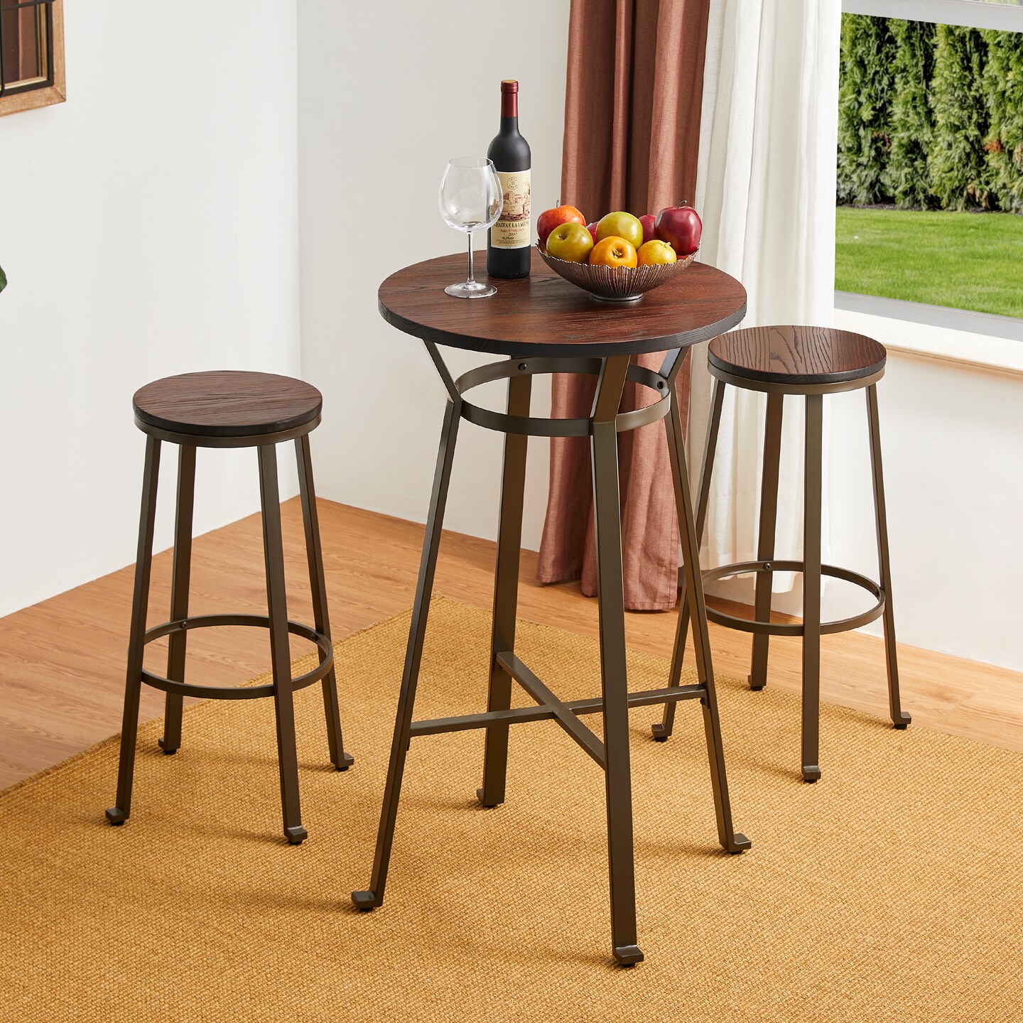 Set of 3 Steel Bar Table and Bar Stool Pub Set (1 Table+2 Stools)
