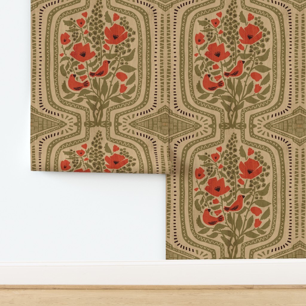 Retro Boho Floral Maximalist Large Scale Red Poppies Scarlet Tanager Songbird Warm Bohemian Eclectic Olive Green Custom Pre-pasted Wallpaper by Spoonflower Pre-Pasted Wallpaper 2FT Wide