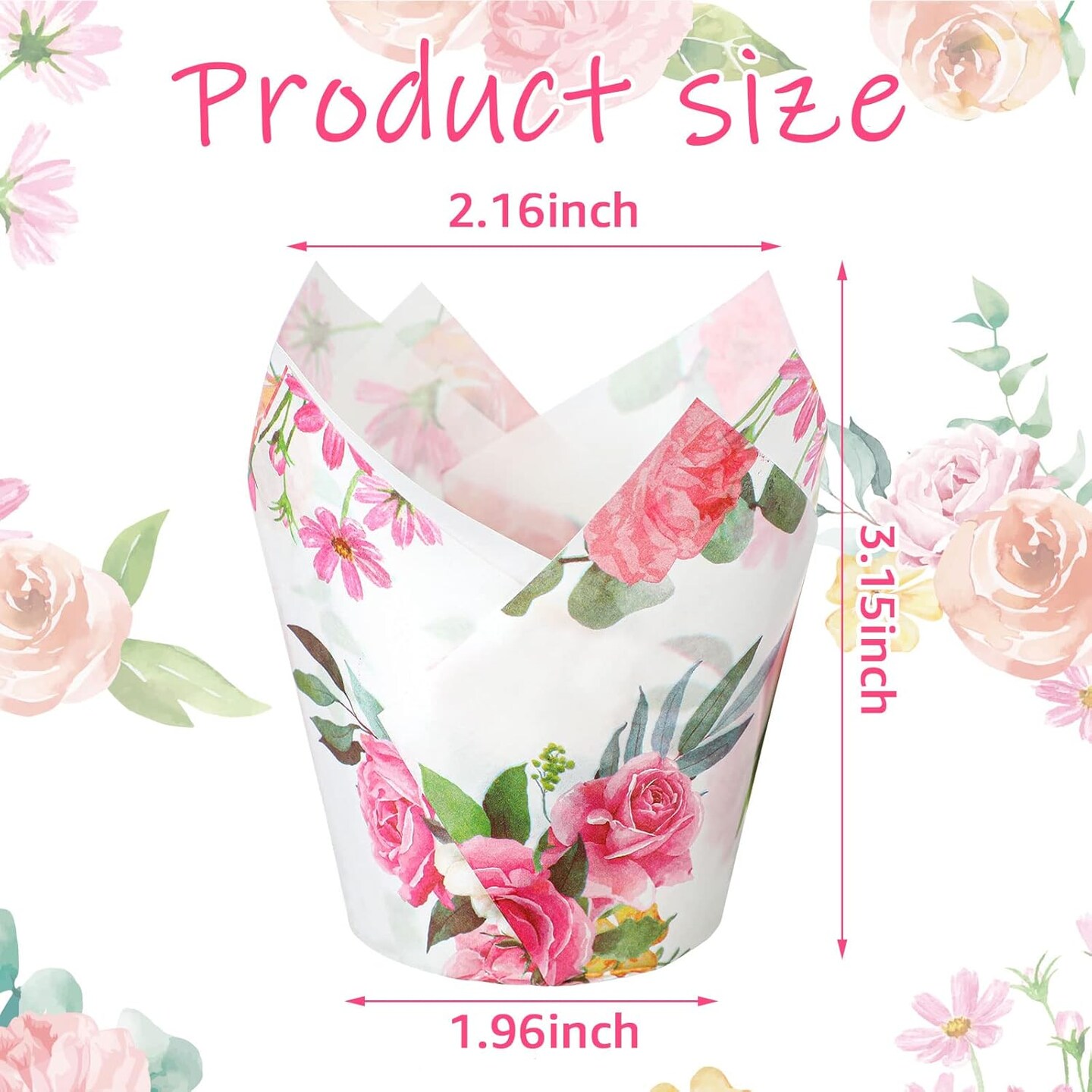 200 Pieces Pink Flower Tulip Cupcake Wrappers Liners Tulip for Baking Flower Liners Mini Cupcake Baking Rustic Birthday Party Decoration for Bridal Shower Wedding Festival Party