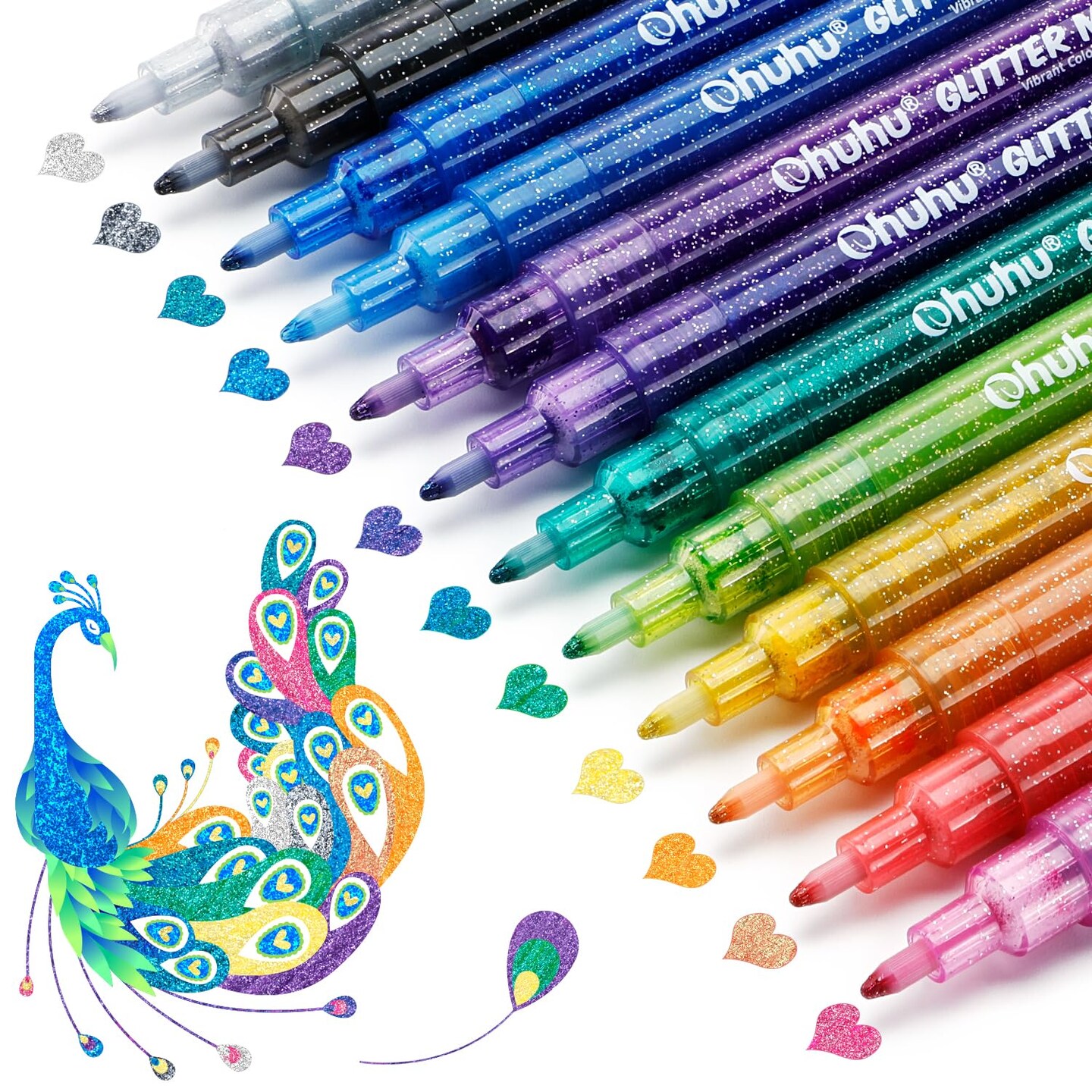 Glitter Markers Pen 12 Glitter Colors Metallic Shimmer Marker Fine Point Tip Water-based Ink for Kids Adults DIY Crafts Greeting Birthday Cards Making Poster Album Scrapbooking Mugs Wood