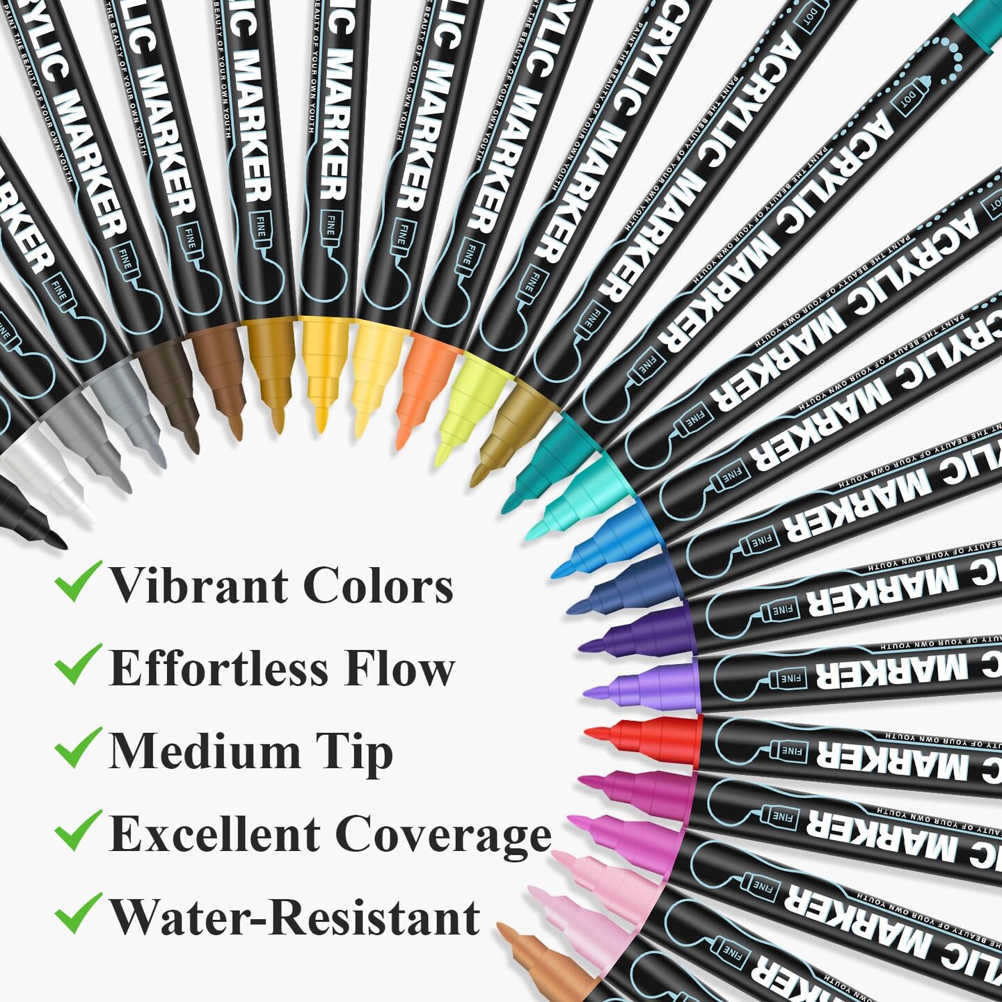 Acrylic Paint Markers, 24 Colors Paint Pens Acrylic Markers, Dual Tip Paint Pen for Extra Fine and Medium Tip, Acrylic Paint Pens for Rock Painting, Wood, Ceramic, Glass, DIY Crafts &#x26; Art Supplies.