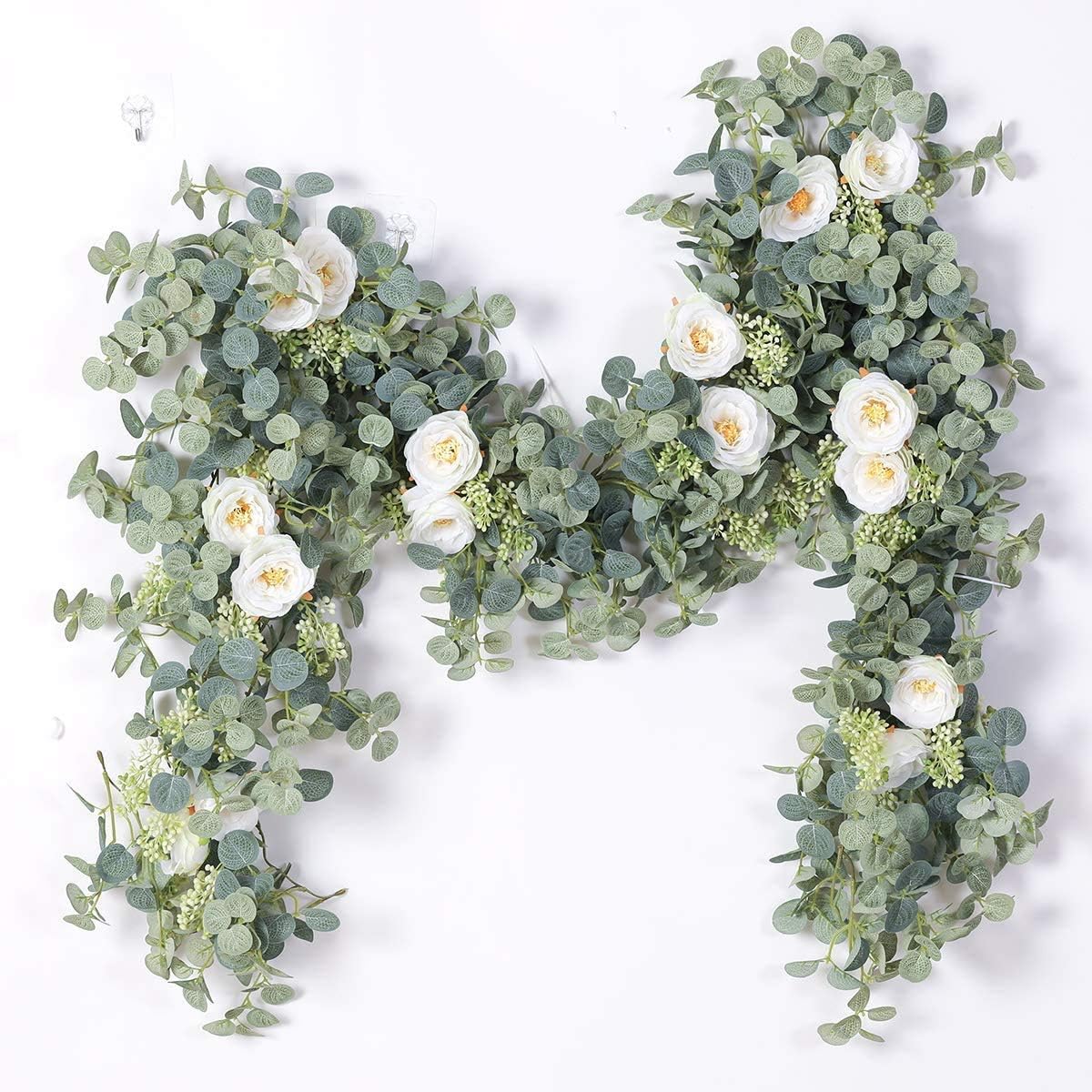6.56ft Eucalyptus Garland with Flowers-8 White Roses, Artificial Fake Flowers Greenery Garland Floral Vines for Decoration Party Wedding Table Indoor Outdoor Backdrop Wall Decor(White)
