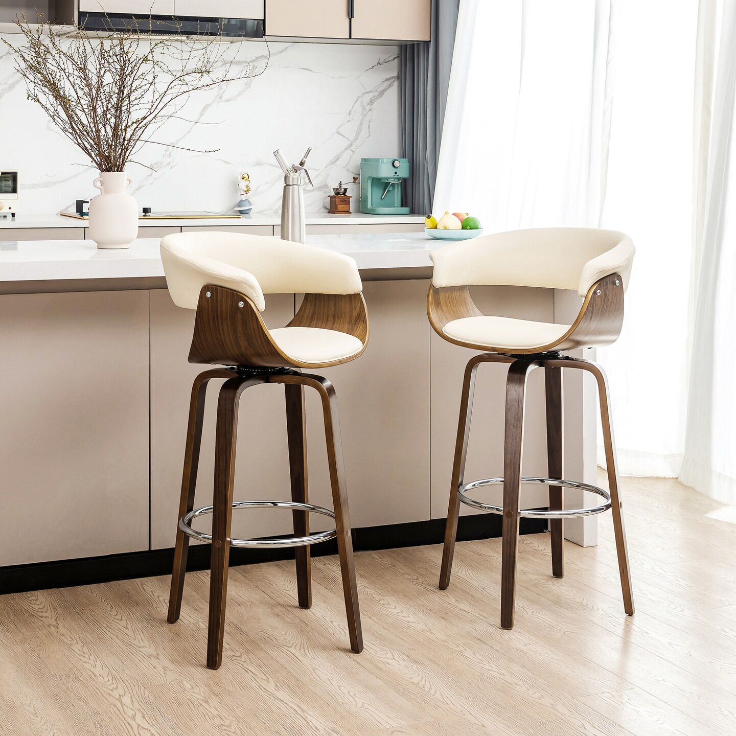 Set of 2/4 Mid-century Modern Leatherette Swivel Bar Stools/Counter Stools with Walnut Bentwood Frame