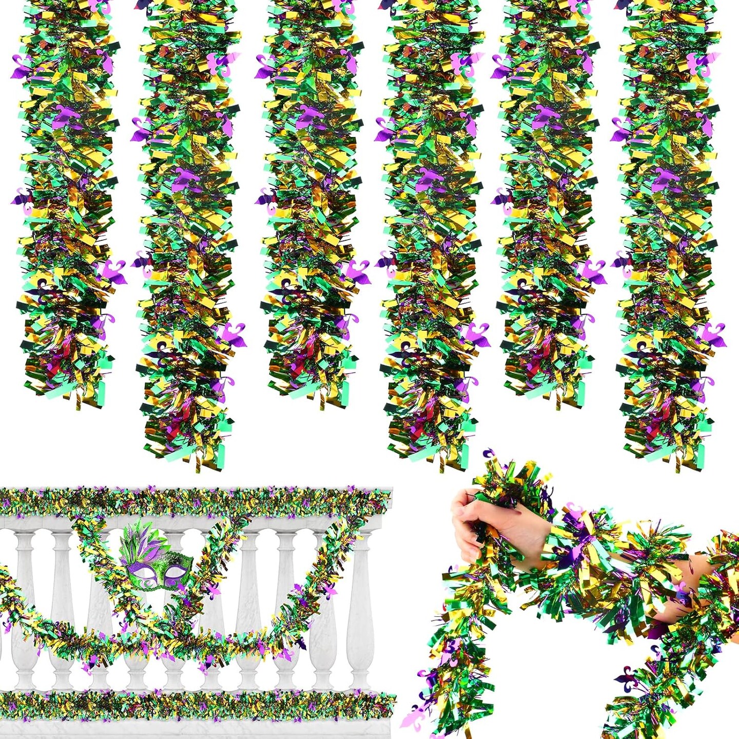 5 Pieces 32.8Ft Mardi Gras Decorations Mardi Gras Tinsel Garlands Purple Green Gold Mixed Shiny Metallic Glittering Tinsels for Mardi Gras Christmas Carnival Party Supplies
