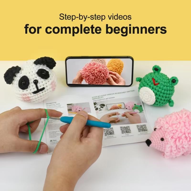 Crochet Kit for Beginners - Crochet Start Kit with Step-by-Step Video Tutorials - Learn to Crochet Kits for Adults and Kids - Panda, Frog, Hedgehog