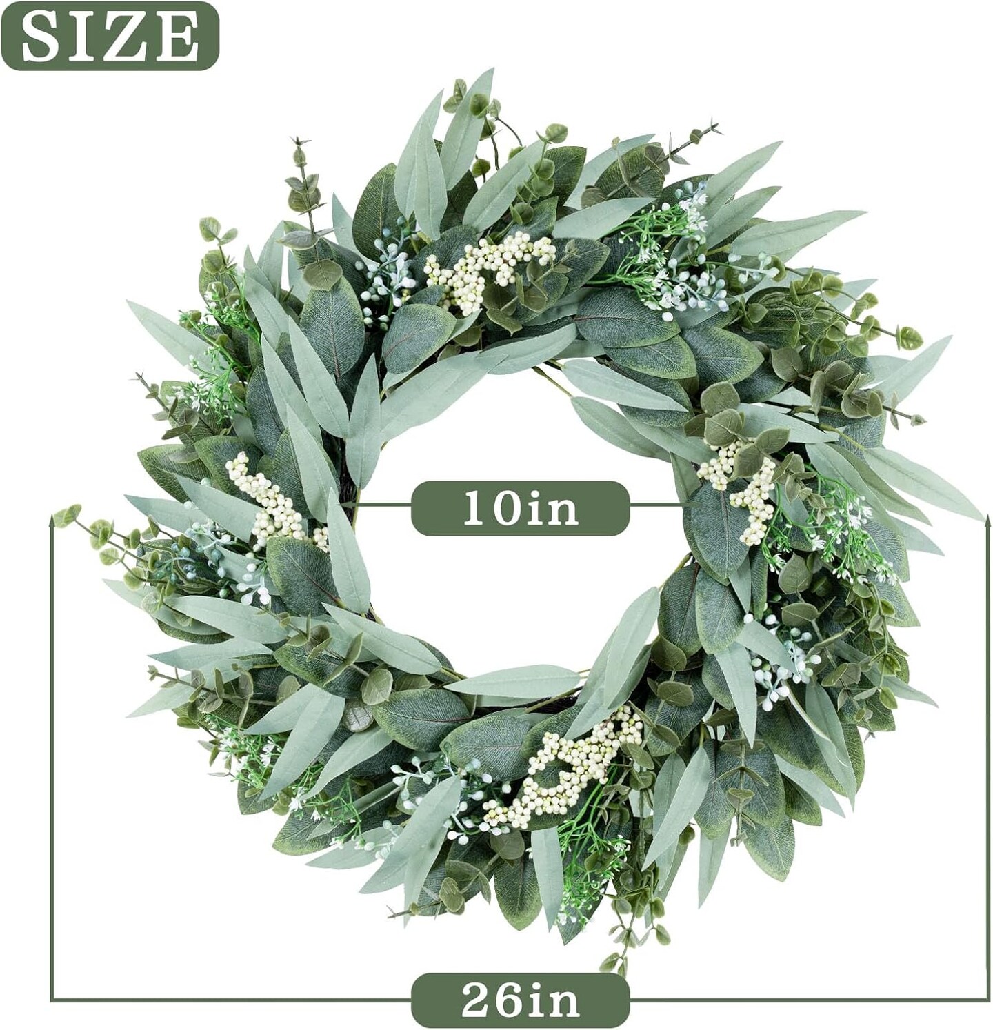 26&#x22; Eucalyptus Wreath Large Artificial Greenery Outdoor/Indoor Wreath Spring/Summer Wreath Green Wreaths for Front Door Porch Window Wall Hanging Decor All Year Round Wreath&#xFF08;Green&#xFF09;