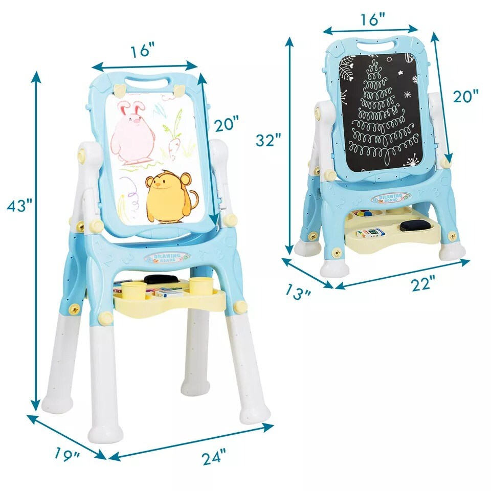 Kids Gift Double Sided Art Creative Easel Adjustable Height w/Accessories Blue