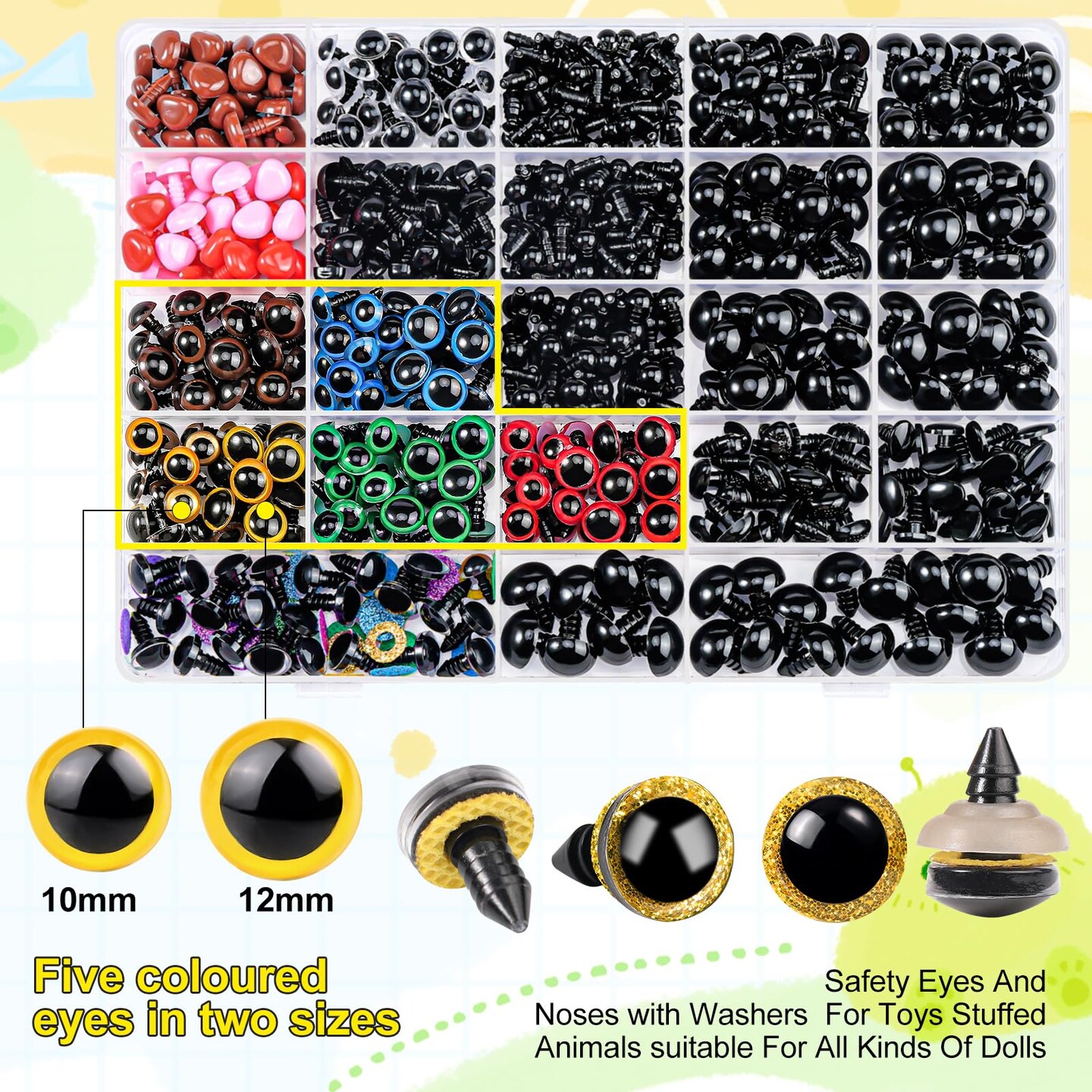 1100PCS Safety Eyes and Noses, Amigurumi Safety Eyes for Crocheting, Colorful Doll Crochet Eyes with Washers for Plush Animal, Crochet Toy, Stuffed Doll and Teddy Bear (Various Sizes)