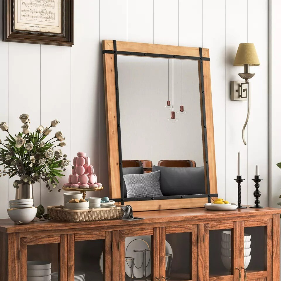 30" x 40" Wall Mounted Rectangular Mirror Wood Frame Farmhouse Decor for Bedroom
