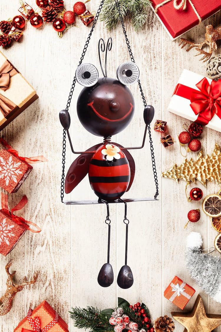 Solar Lady Bugs Swing Metal Ladybug Hanging Animal Garden Decor Waterproof Solar Lights Decorative Outdoor Lights for Outside Patio Balcony Pathway Lawn Yard,Gifts for Her/Him 3.1"D x 6"W x 17"H