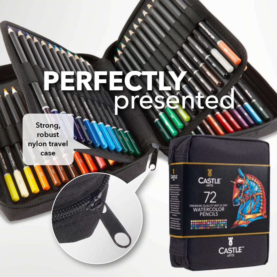 72 Watercolour Colouring Pencils Set in Zip-Up Case for Adults Artists | Quality Cores with Vivid Colours to Create Beautiful Blended Effects with Water