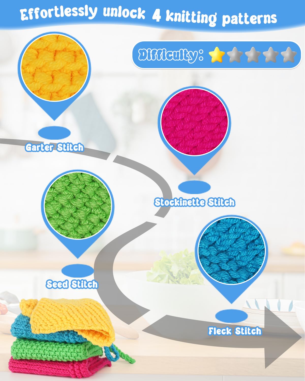 Katech Knitting Kit for Beginners - Learn to Knit Dishcloth - Adults &#x26; Kids Knitting Kit with Knitting Book, Needles, Yarn, Yarn Needle, Craft Kits Gift (Beginner to Expert)