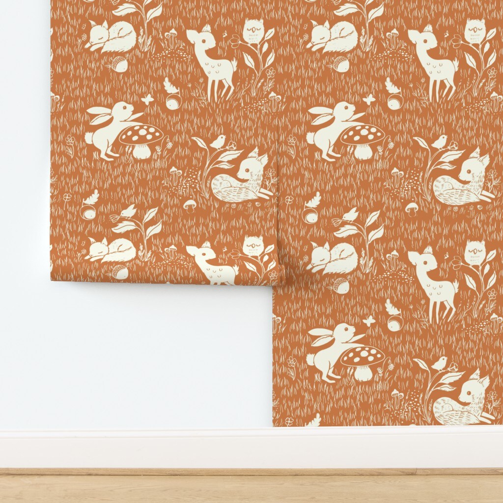 Woodland Animal Forest Babies Pumpkin Orange Whimsical Fun Cute Happy Cheerful Custom Removable Wallpaper by Spoonflower Peel & Stick Wallpaper 2FT Wide