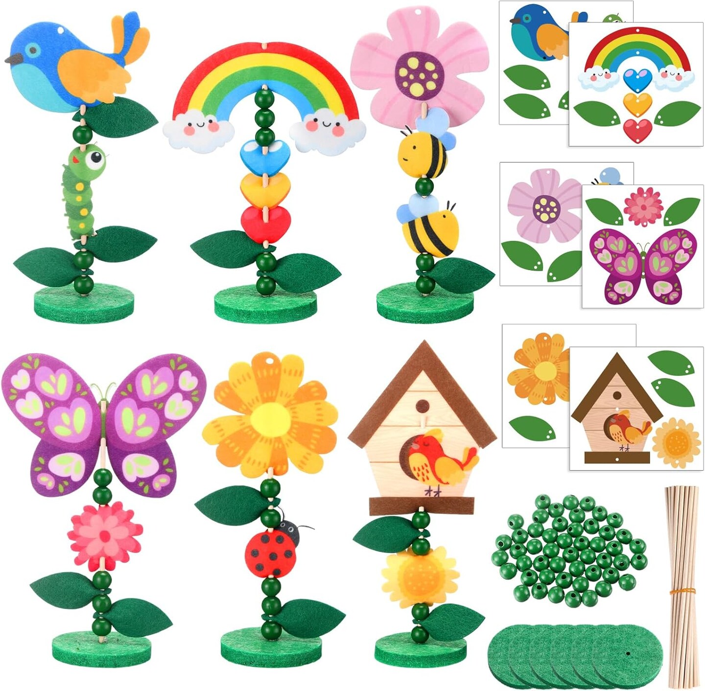 24 Sets DIY Spring Craft Kits Felt and Wood Flower Rainbow Bug Bird Butterfly Craft Kits Early Educational Toys Spring Break Activities for Home Fun Game Activities