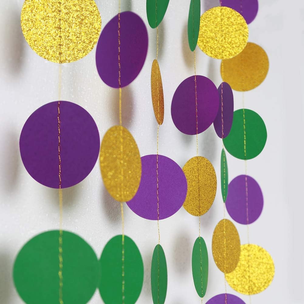 Gold Purple Green Mardi Gras Party Decorations Glitter Dot Garland Circle Streamers Banner Backdrop for Fat Tuesday Carnival Themed Parties Wedding Baby Shower Birthday Decor