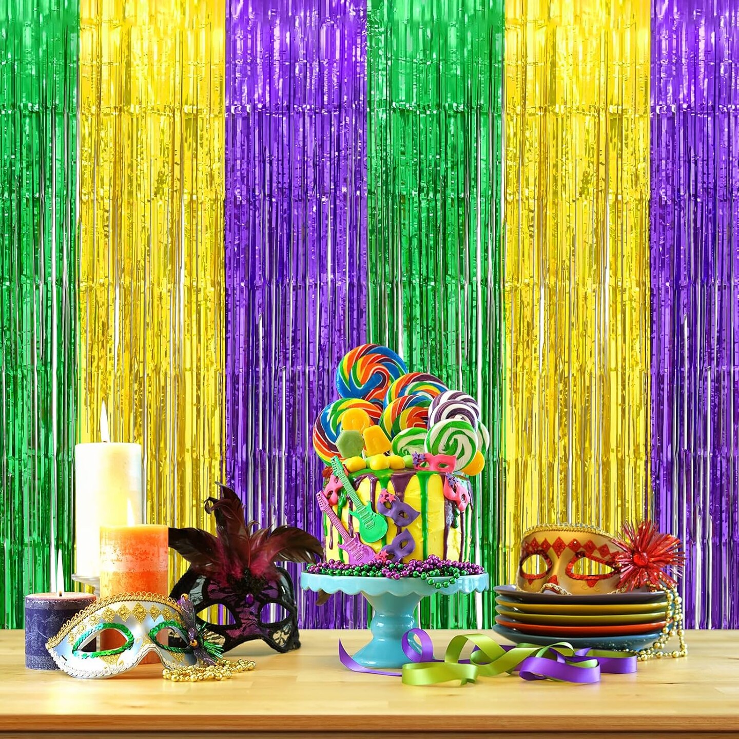 Mardi Gras Party Decorations 2 Pack 3.3 X 6.6 ft Green Gold Purple Metallic Tinsel Foil Fringe Curtains Photo Booth Props Background Decor Backdrop Streamer for Mardi Gras Carnival Birthday