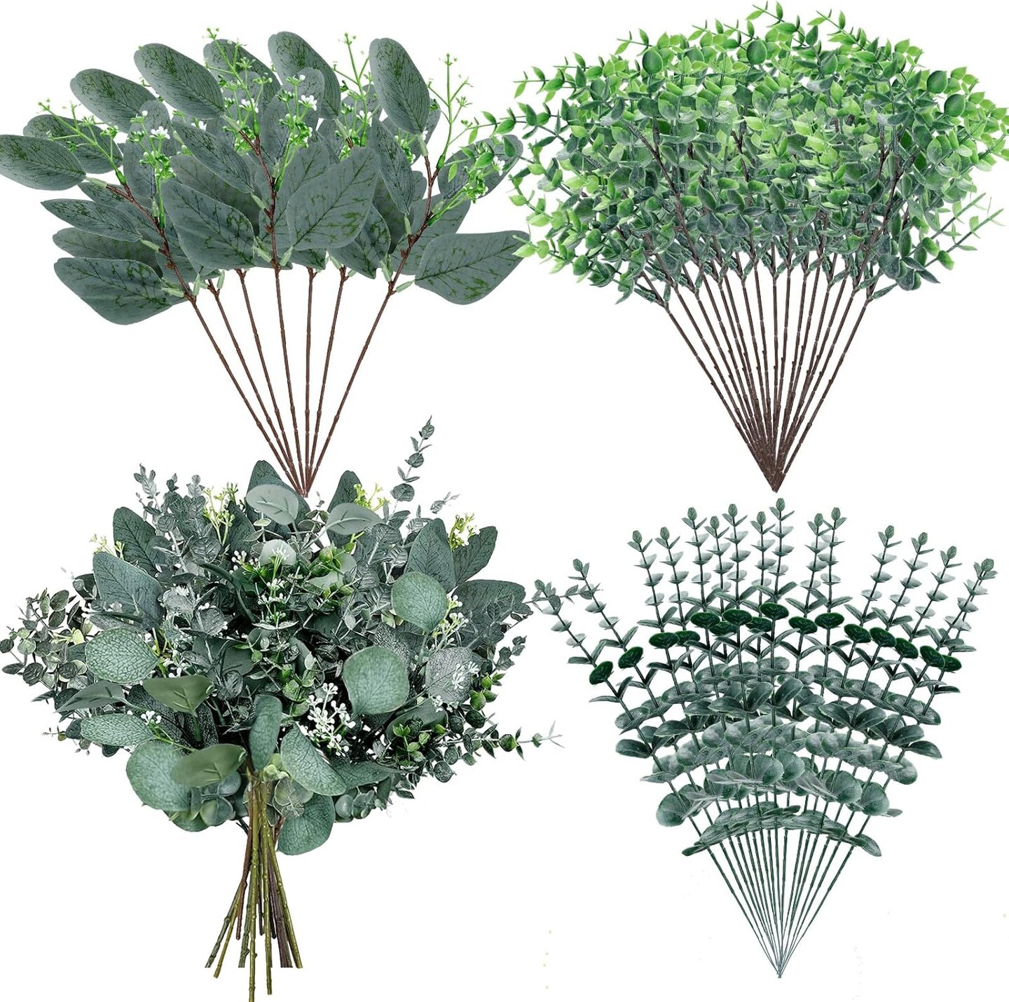 32 piece set of artificial eucalyptus stems with mixed greenery, featuring silver dollar style leaves, designed for rustic vases, floral arrangements, wreaths, bouquets, and wedding decorations in a classic style