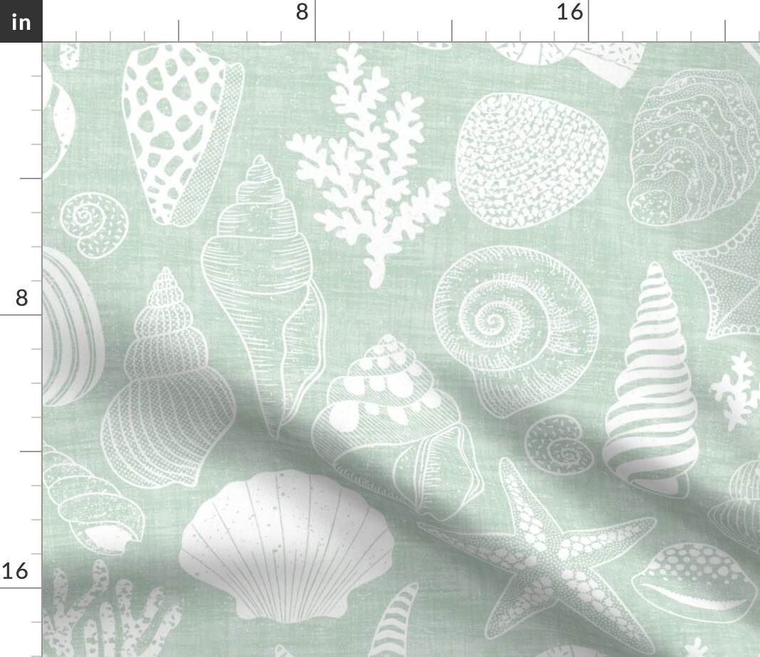 Mint Coastal Seashells Nautical Sage Green Neutral Calm Serene Minimal Simple Beach Ocean Seaside Custom Printed Fabric by Spoonflower Various Fabrics by the Yard or Fat Quarter