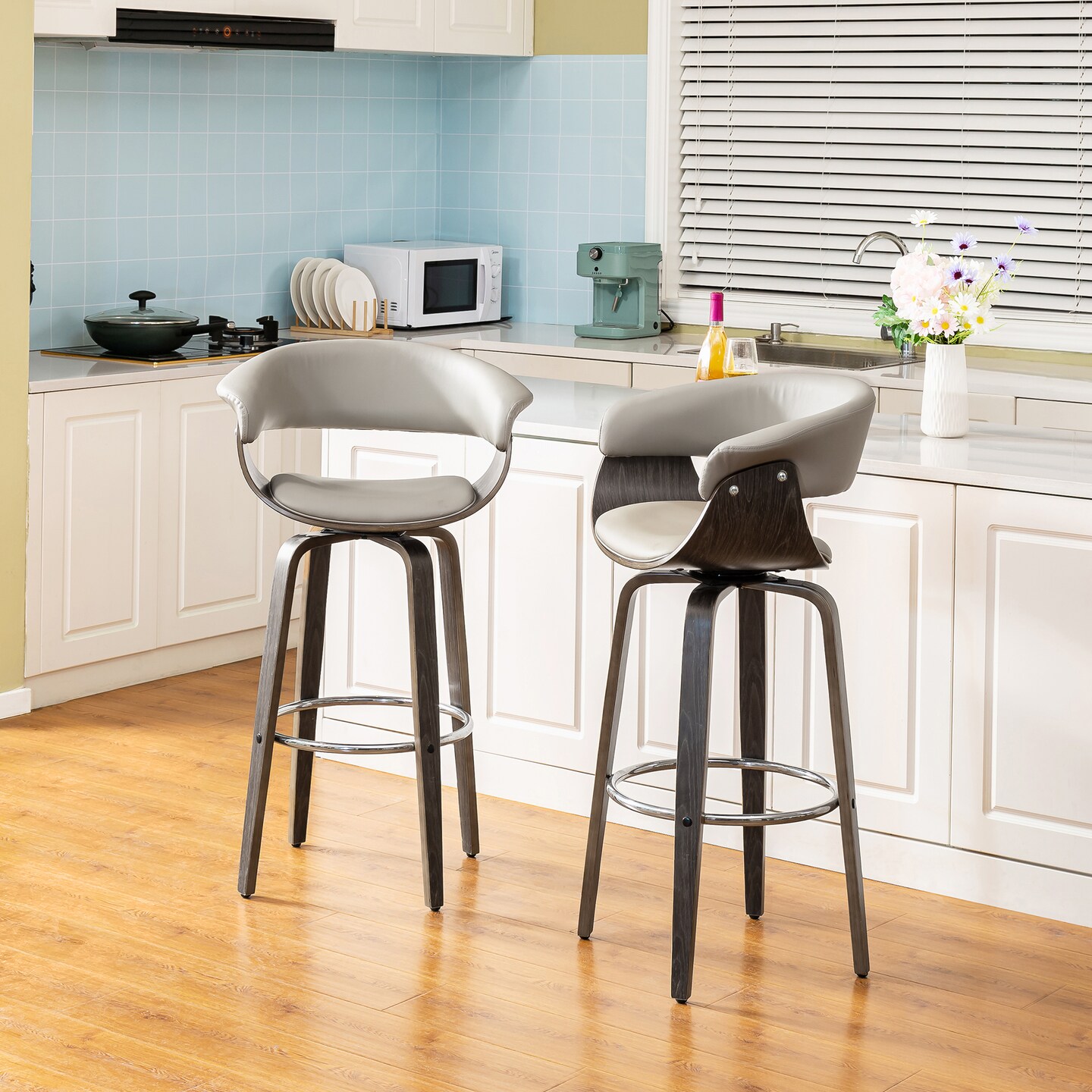 Set of 2/4 Mid-century Modern Leatherette Swivel Bar Stools/Counter Stools with Walnut Bentwood Frame