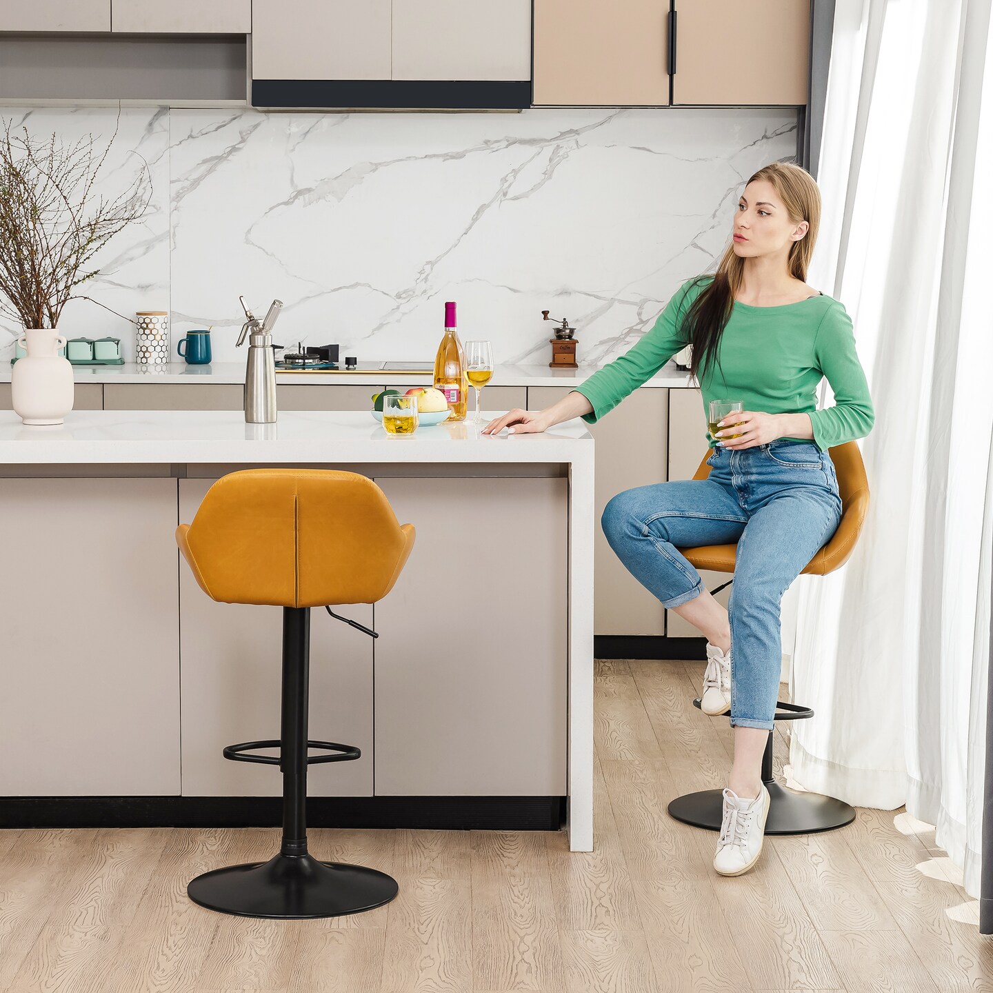 Set of 1/2/3/4 Mid-Century Modern Leatherette Gaslift Adjustable Swivel Bar Stools