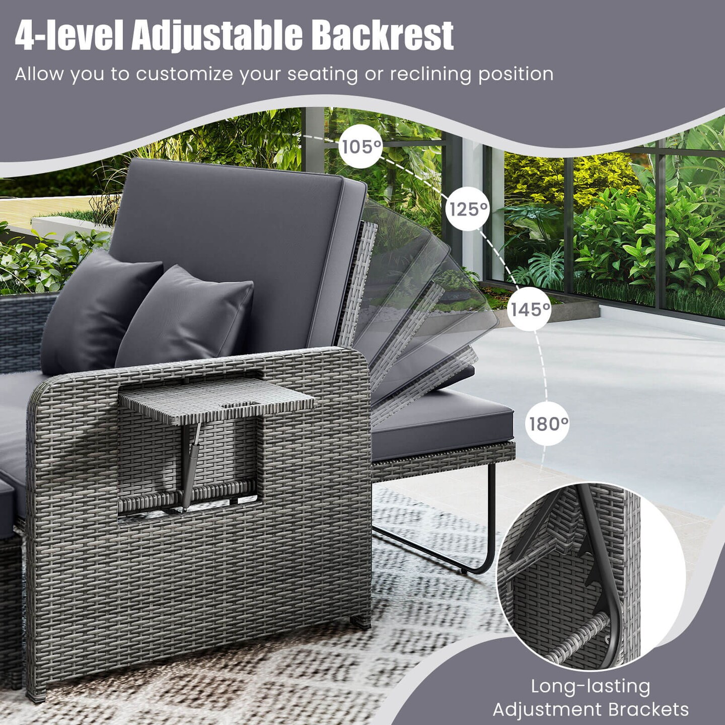 Costway Wicker Loveseat Sofa Set Patio Rattan Daybed with Ottoman & Retractable Side Tray