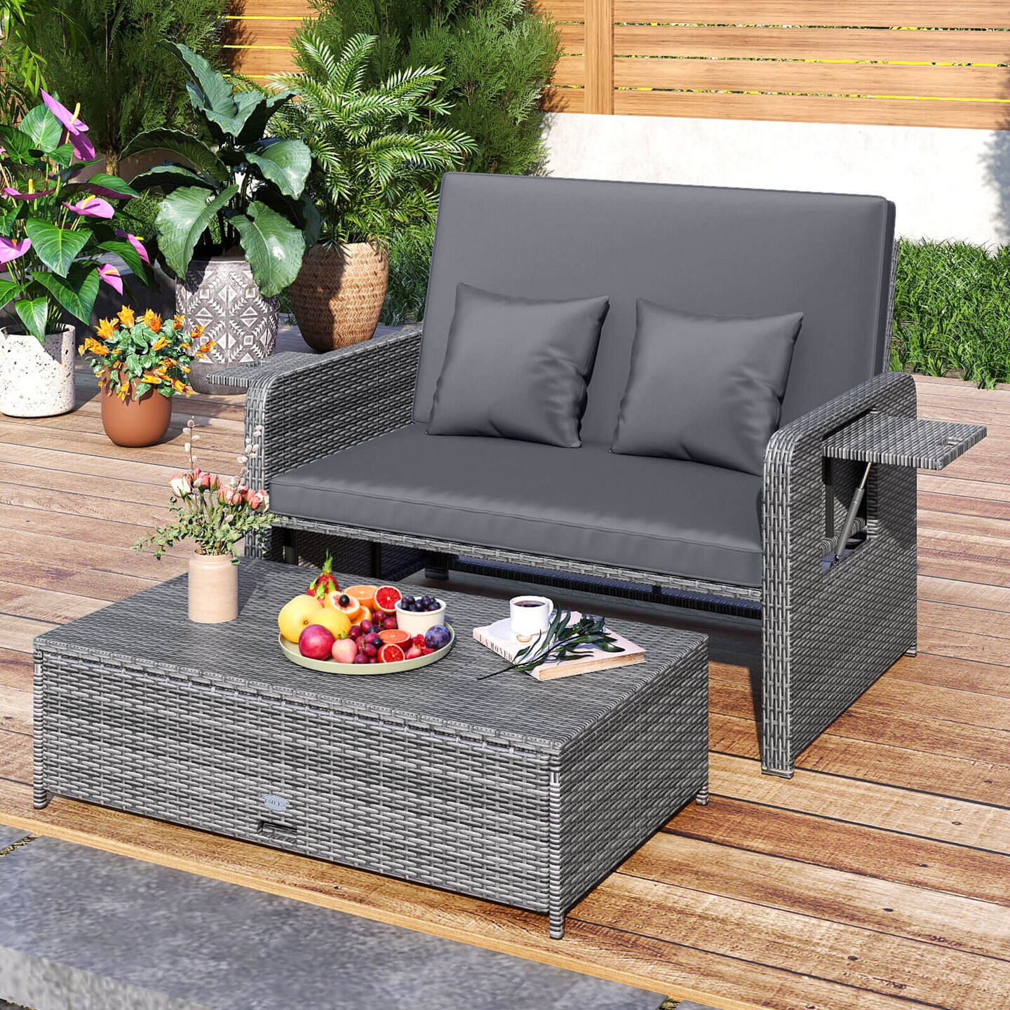 Costway Wicker Loveseat Sofa Set Patio Rattan Daybed with Ottoman & Retractable Side Tray
