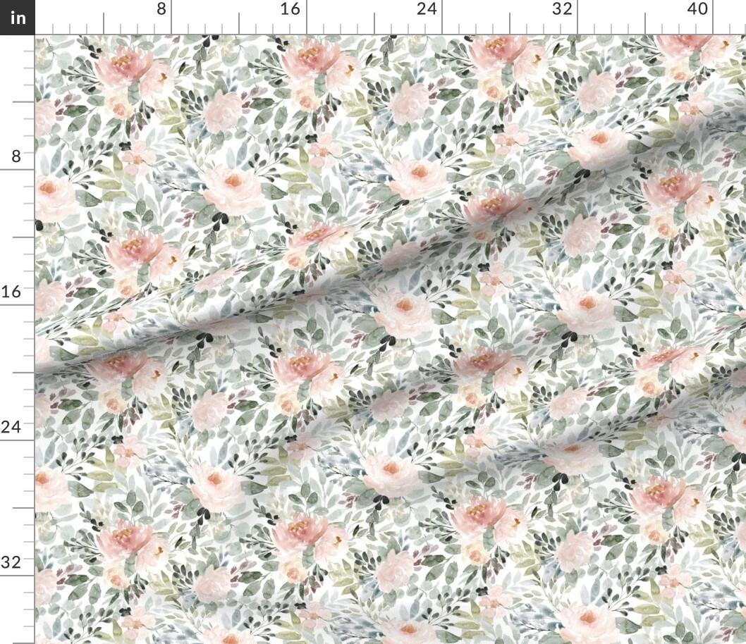 Various Fabrics by the Yard or Fat Quarter Soft Floral Watercolor Roses Sage Green Blush Baby Girl Nursery Wedding Flowers Botanical Custom Printed Fabric by Spoonflower 10114394