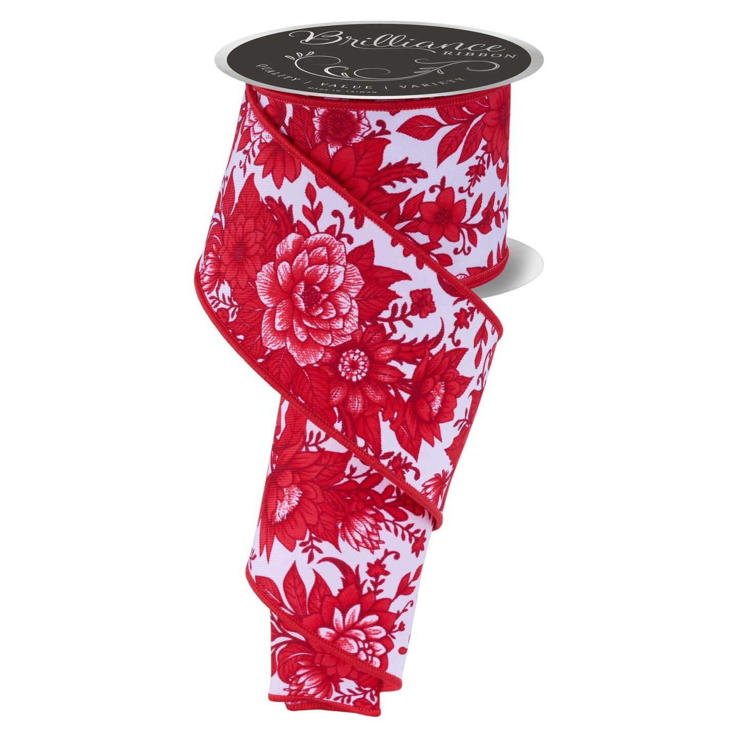 Brilliance 2.5" Chinoiserie Florals Wired Ribbon 30' - White, Red - For Flower Pattern Bows, Wreaths, Gift Wrap, Crafts and Decorations