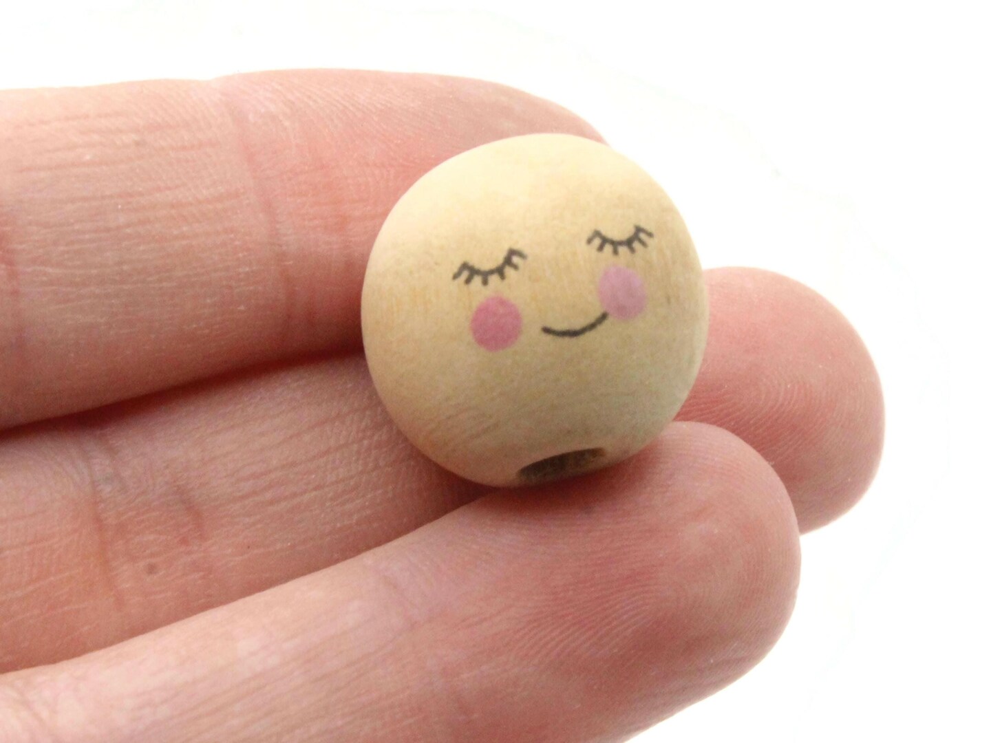 12 17mm Cute Smiling Face with Eye Lashes Doll Head Round Natural Wood Large Hole Beads