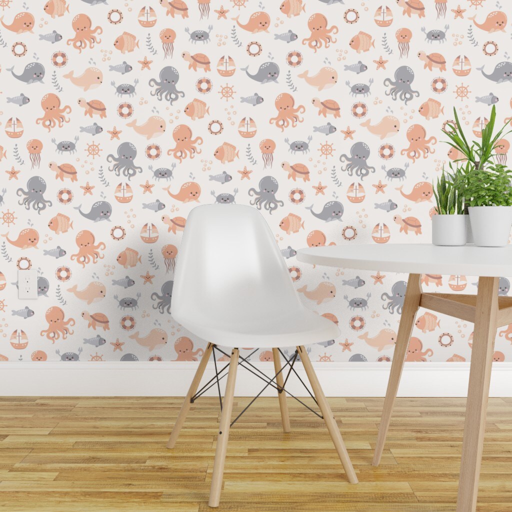 Peel &#x26; Stick Wallpaper 2FT Wide Whimsical Coastal Nautical Coral Orange Gray Gender Neutrall Simple Beach Ocean Seaside Custom Removable Wallpaper by Spoonflower